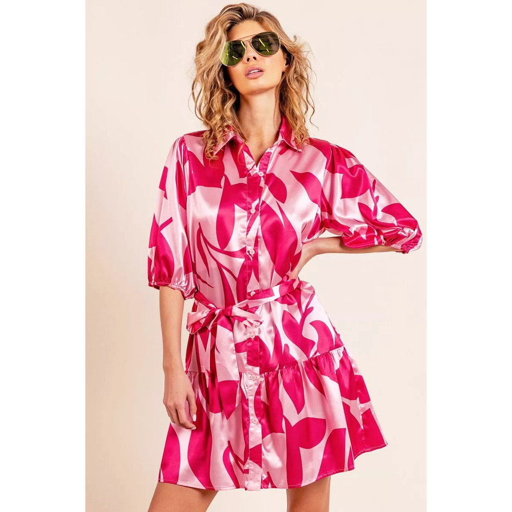 BiBi Leaf Pattern Collared Satin Dress